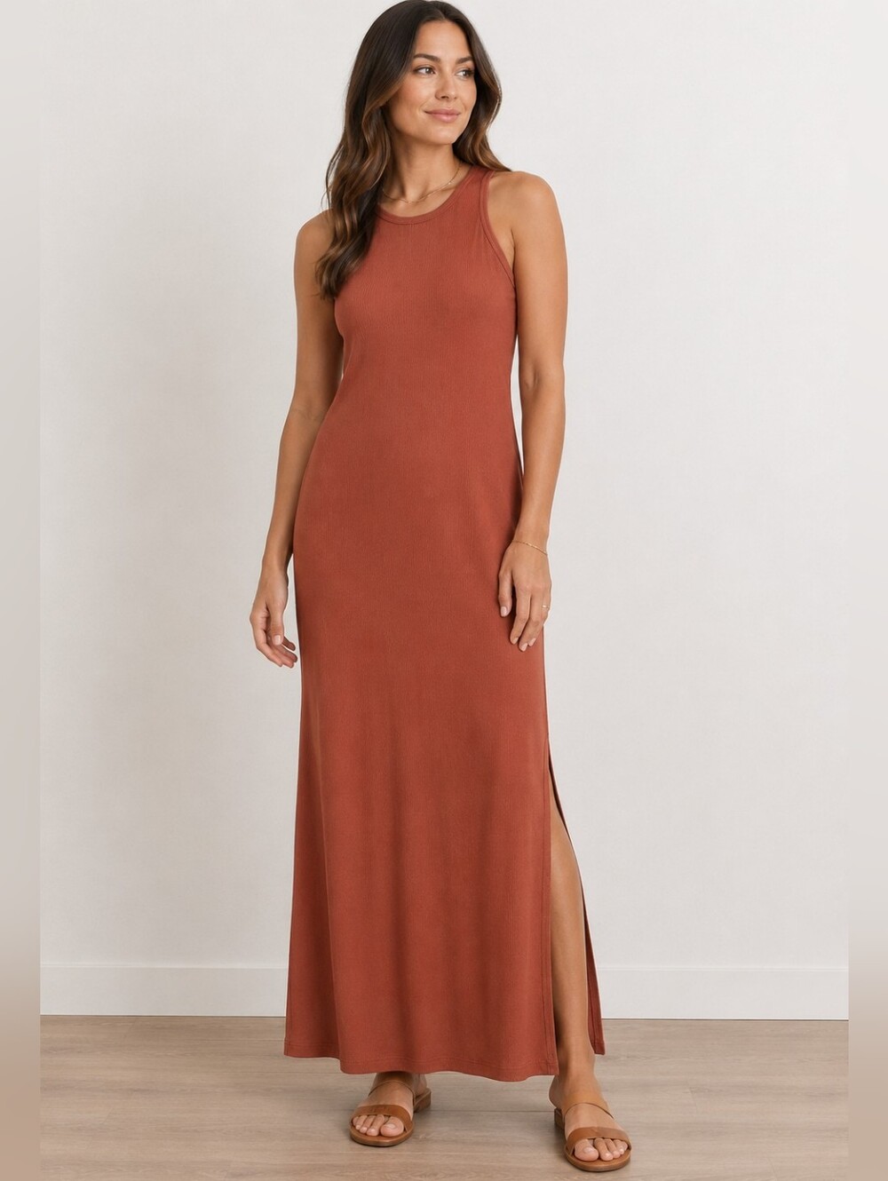 DKNY Ribbed Maxi Dress NWT Size Medium Rust Orange Sleeveless Side Slit